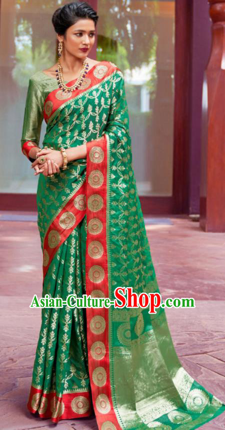 Asian Indian Festival Green Silk Sari Dress India Bollywood Traditional Court Costumes for Women