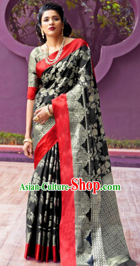 Asian Indian Festival Black Silk Sari Dress India Bollywood Traditional Court Costumes for Women