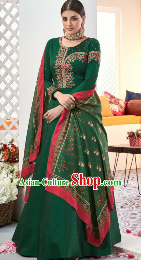 Asian Indian Festival Embroidered Deep Green Taffeta Dress India Bollywood Traditional Lehenga Court Costumes for Women