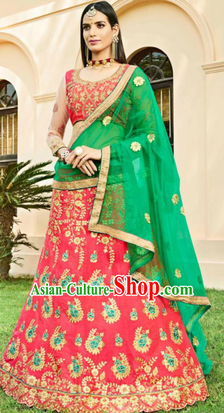 Asian Indian Bollywood Embroidered Red Cotton Silk Dress India Traditional Festival Lehenga Court Costumes for Women