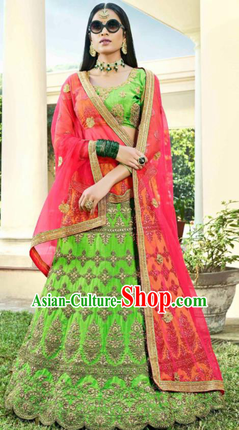 Asian Indian Bollywood Embroidered Green Cotton Silk Dress India Traditional Festival Lehenga Court Costumes for Women