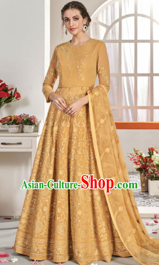 Asian Indian National Lehenga Bollywood Ginger Georgette Embroidered Dress India Traditional Costumes for Women