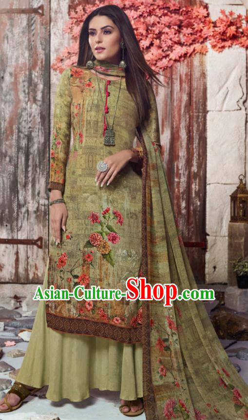 Asian Indian Traditional Printing Olive Green Crepe Blouse and Pants India Punjabis Lehenga Choli Costumes Complete Set for Women