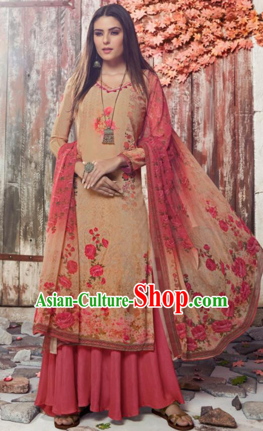 Asian Indian Traditional Printing Ginger Crepe Blouse and Pants India Punjabis Lehenga Choli Costumes Complete Set for Women