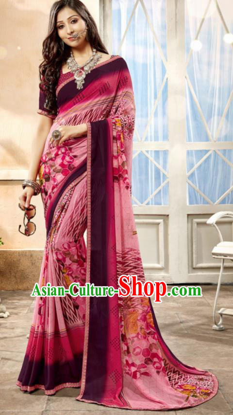 Asian Indian National Lehenga Printing Pink Georgette Sari Dress India Bollywood Traditional Costumes for Women