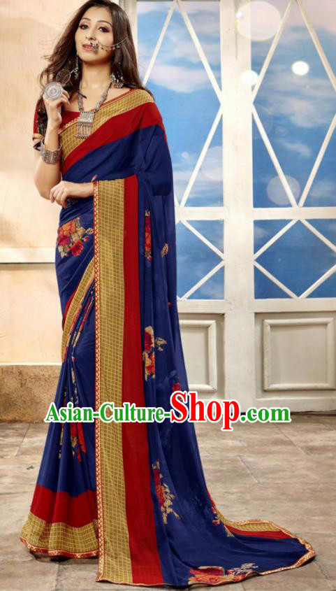 Asian Indian National Lehenga Printing Royalblue Georgette Sari Dress India Bollywood Traditional Costumes for Women