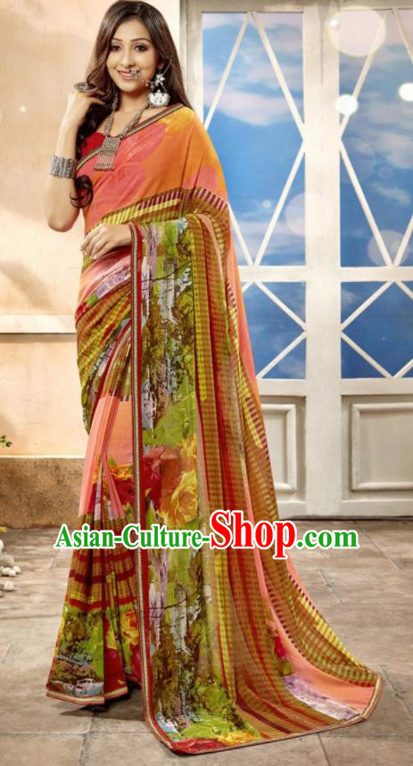 Asian Indian National Lehenga Printing Orange Georgette Sari Dress India Bollywood Traditional Costumes for Women
