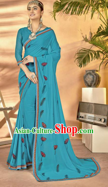 Blue Georgette Asian Indian National Lehenga Printing Sari Dress India Bollywood Traditional Costumes for Women