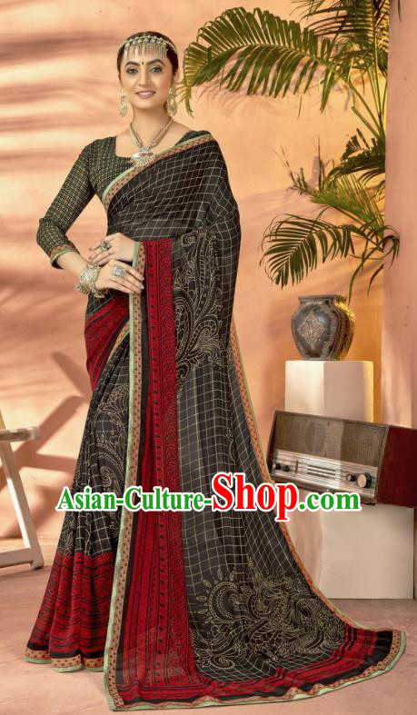 Black Georgette Asian Indian National Lehenga Printing Sari Dress India Bollywood Traditional Costumes for Women
