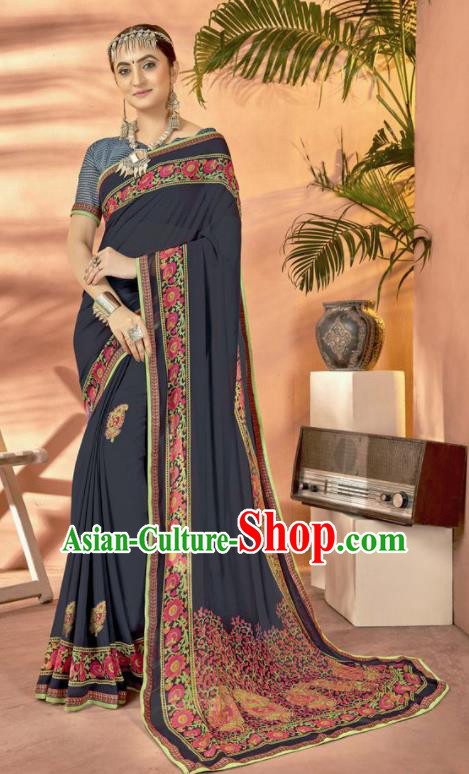 Navy Georgette Asian Indian National Lehenga Printing Sari Dress India Bollywood Traditional Costumes for Women