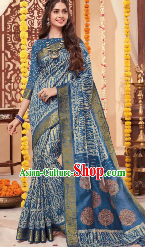 Blue Cotton Asian Indian National Lehenga Sari Dress India Bollywood Traditional Costumes for Women