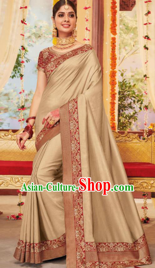 Asian Traditional Indian Festival Khaki Silk Sari Dress India National Lehenga Bollywood Costumes for Women