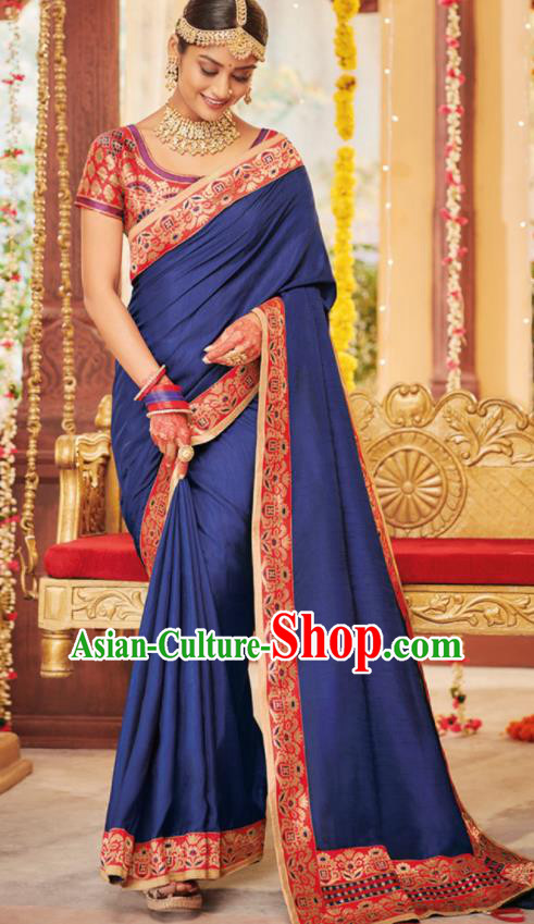 Asian Traditional Indian Festival Royalblue Silk Sari Dress India National Lehenga Bollywood Costumes for Women