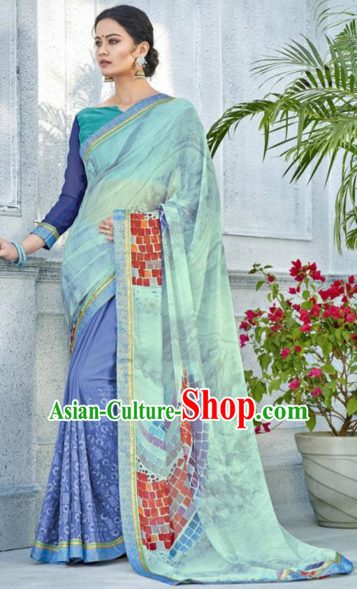 Asian Indian Bollywood Embroidered Light Green Chiffon Sari Dress India Traditional Costumes for Women