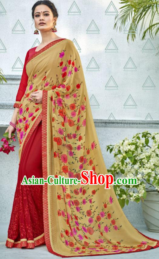 Asian Indian Bollywood Embroidered Ginger Chiffon Sari Dress India Traditional Costumes for Women