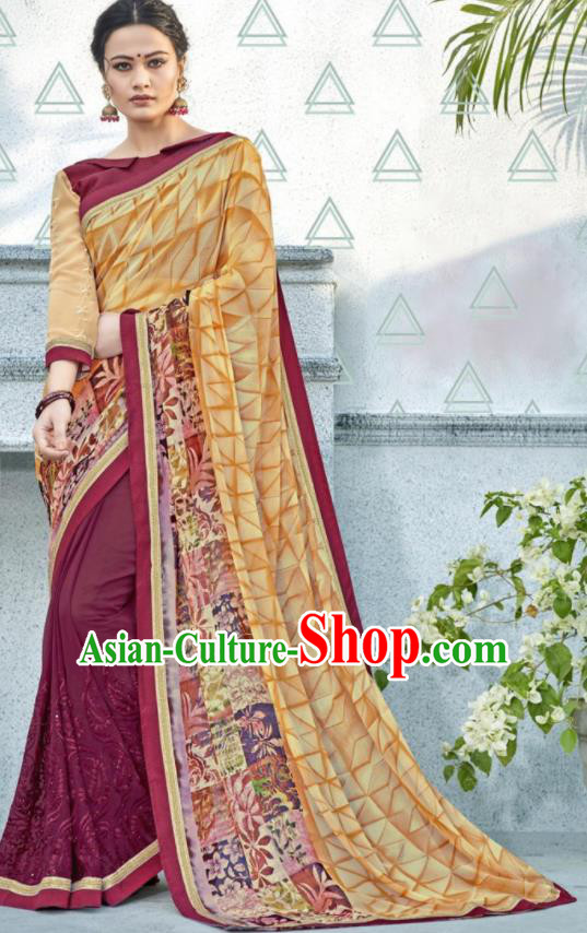 Asian Indian Bollywood Embroidered Wine Red Chiffon Sari Dress India Traditional Costumes for Women