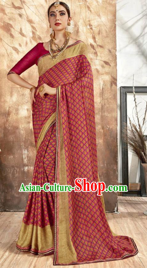 Asian Indian National Bollywood Printing Wine Red Chiffon Sari Dress India Traditional Costumes for Women