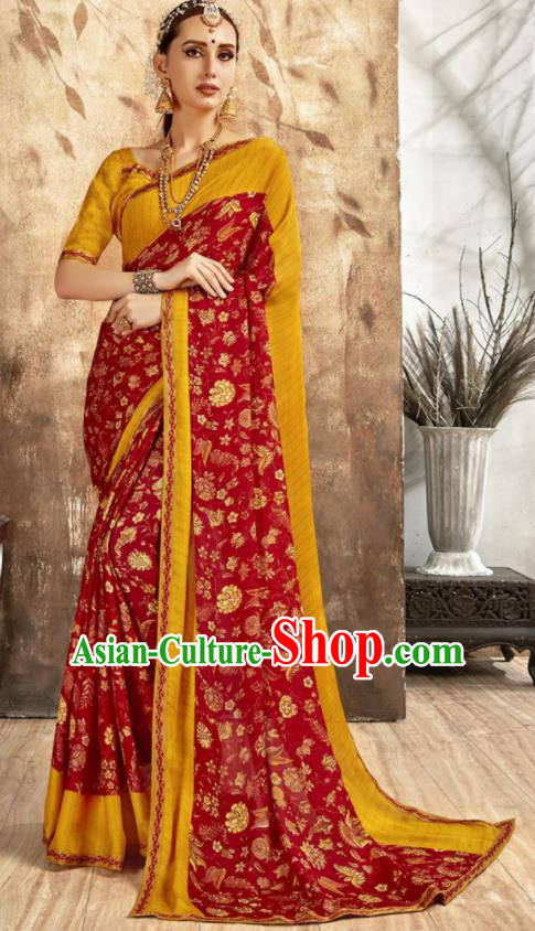 Asian Indian National Bollywood Printing Red Chiffon Sari Dress India Traditional Costumes for Women
