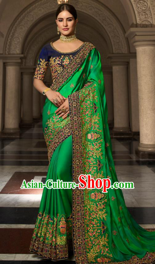 Asian Traditional Indian Court Embroidered Green Silk Sari Dress India National Festival Bollywood Costumes for Women
