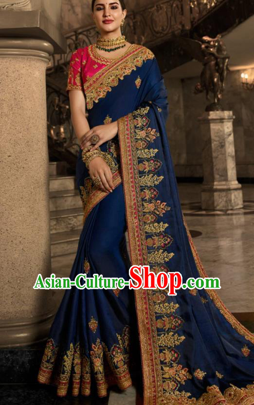 Asian Traditional Indian Court Embroidered Royalblue Silk Sari Dress India National Festival Bollywood Costumes for Women