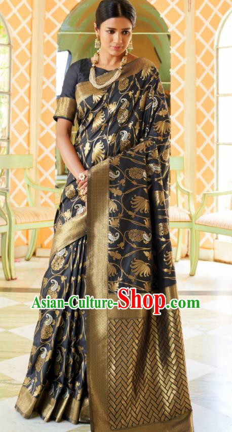 Asian Traditional Indian Court Queen Black Silk Sari Dress India National Festival Bollywood Costumes for Women