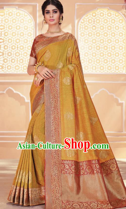 Asian Traditional Indian Ginger Art Silk Sari Dress India National Festival Bollywood Costumes for Women