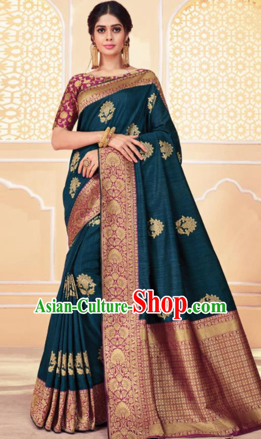 Asian Traditional Indian Navy Blue Art Silk Sari Dress India National Festival Bollywood Costumes for Women