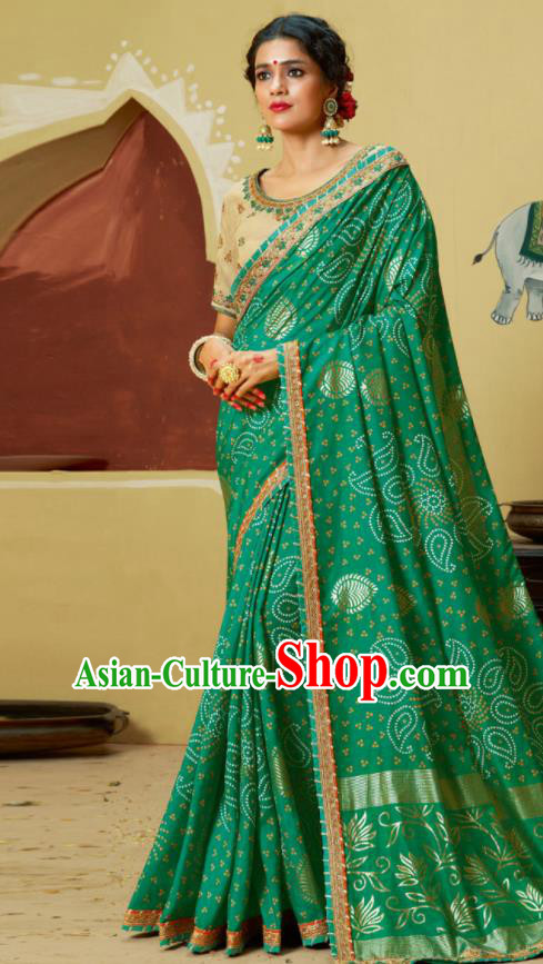 Traditional Indian Green Georgette Sari Dress Asian India National Festival Bollywood Costumes for Women