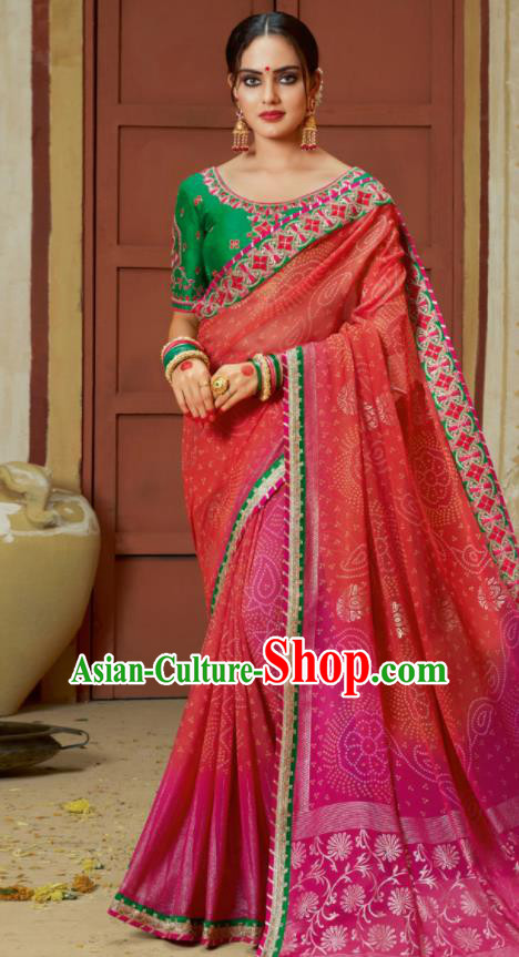 Traditional Indian Watermelon Red Georgette Sari Dress Asian India National Festival Bollywood Costumes for Women