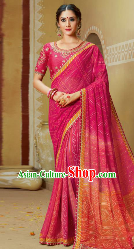 Traditional Indian Rosy Georgette Sari Dress Asian India National Festival Bollywood Costumes for Women
