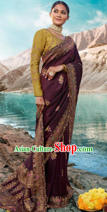 Traditional Indian Purple Silk Sari Dress Asian India National Festival Bollywood Costumes for Women