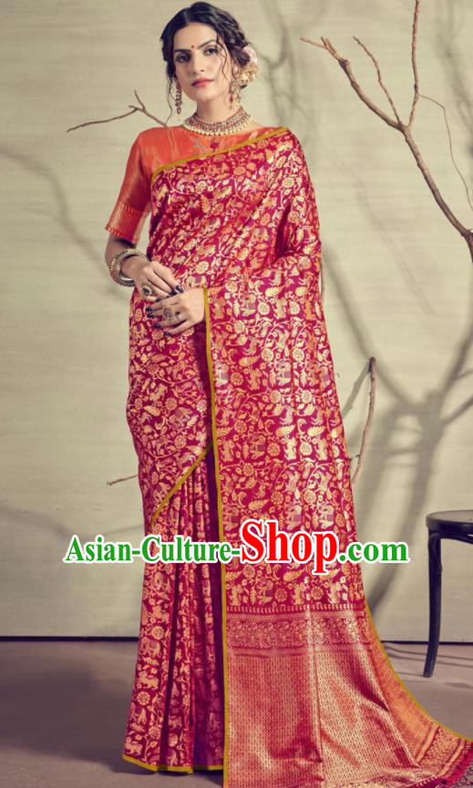 Traditional Indian Patrician Red Silk Sari Dress Asian India National Festival Bollywood Costumes for Women