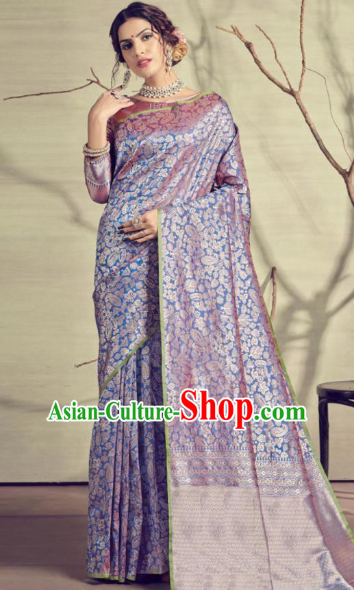 Traditional Indian Patrician Light Blue Silk Sari Dress Asian India National Festival Bollywood Costumes for Women