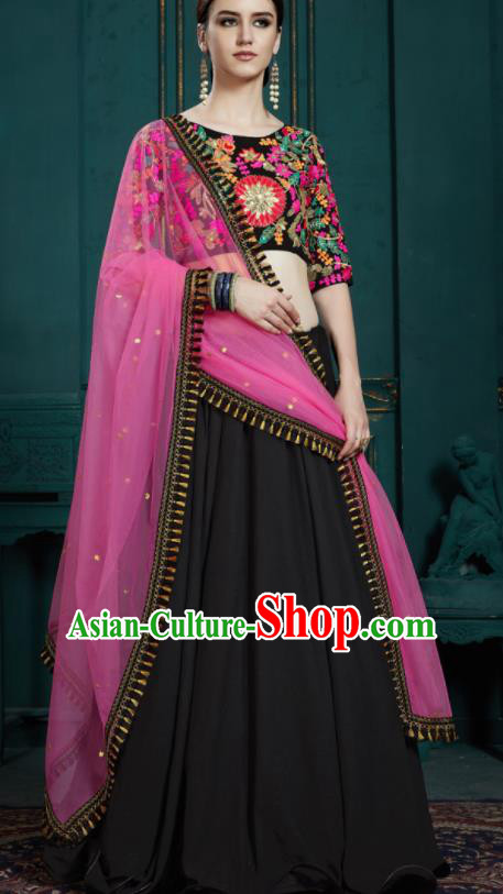 Indian Traditional Lehenga Embroidered Black Dress Asian India National Festival Costumes for Women