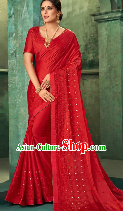 Indian Traditional Wedding Embroidered Red Sari Dress Asian India National Festival Costumes for Women