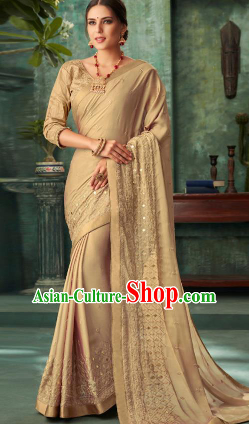 Indian Traditional Wedding Embroidered Khaki Sari Dress Asian India National Festival Costumes for Women
