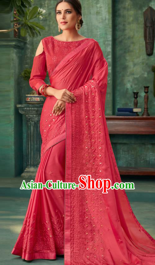 Indian Traditional Wedding Embroidered Rosy Sari Dress Asian India National Festival Costumes for Women