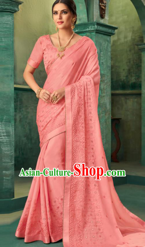 Indian Traditional Wedding Embroidered Pink Sari Dress Asian India National Festival Costumes for Women