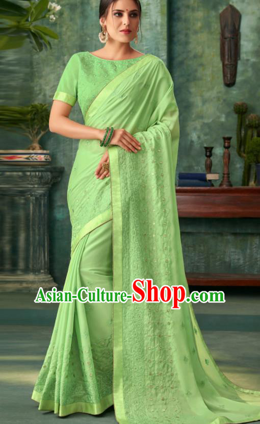Indian Traditional Wedding Embroidered Light Green Sari Dress Asian India National Festival Costumes for Women