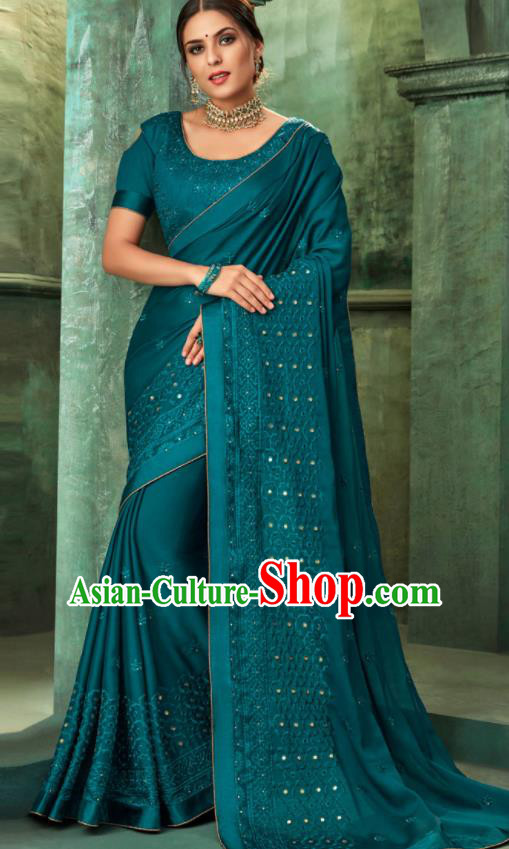 Indian Traditional Wedding Embroidered Deep Blue Sari Dress Asian India National Festival Costumes for Women