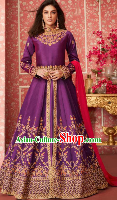 Indian Traditional Court Bollywood Embroidered Purple Silk Anarkaili Dress Asian India National Festival Costumes for Women