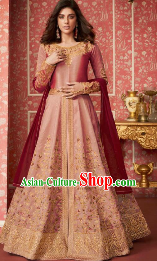 Indian Traditional Court Bollywood Embroidered Pink Silk Anarkaili Dress Asian India National Festival Costumes for Women