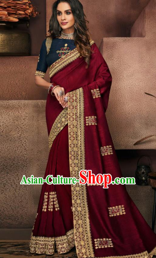 Indian Traditional Court Bollywood Wine Red Satin Sari Dress Asian India National Festival Costumes for Women