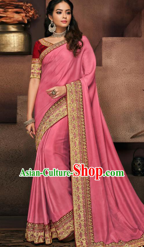 Indian Traditional Court Bollywood Peach Pink Satin Sari Dress Asian India National Festival Costumes for Women