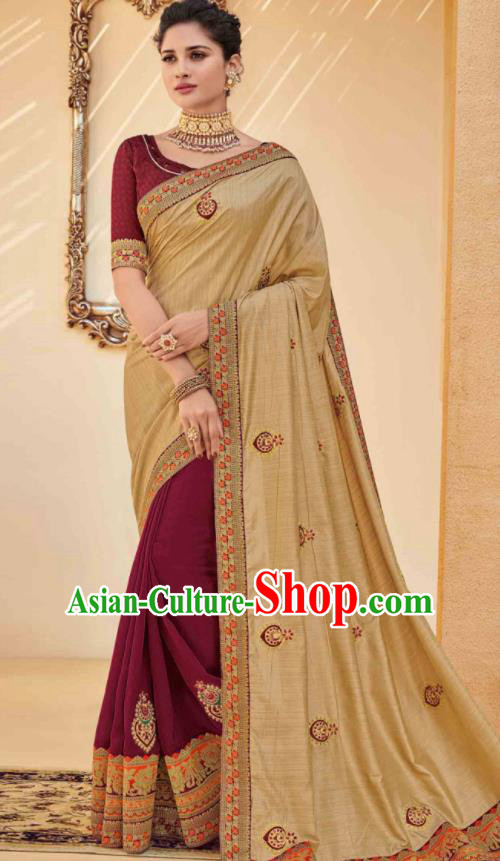 Traditional Indian Saree Wine Red and Ginger Silk Sari Dress Asian India National Festival Bollywood Costumes for Women