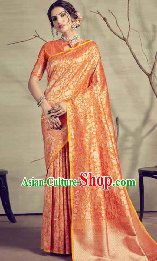 Traditional Indian Patrician Orange Silk Sari Dress Asian India National Festival Bollywood Costumes for Women