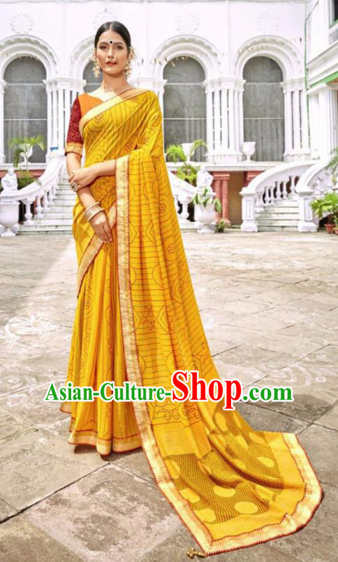 Indian Traditional Court Printing Yellow Georgette Sari Dress Asian India National Festival Costumes for Women
