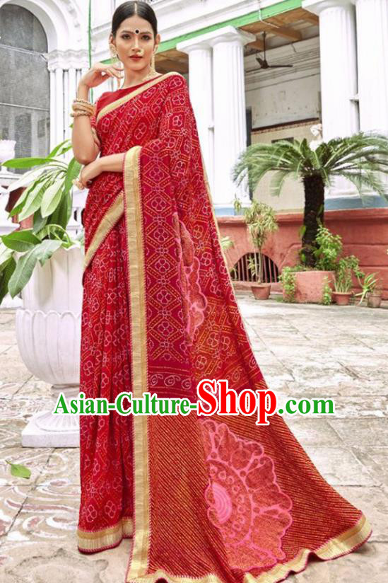 Indian Traditional Court Printing Dark Red Georgette Sari Dress Asian India National Festival Costumes for Women