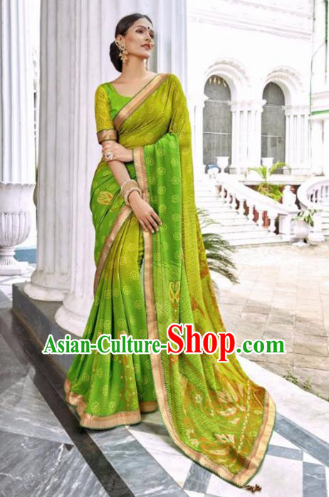 Indian Traditional Court Printing Green Georgette Sari Dress Asian India National Festival Costumes for Women