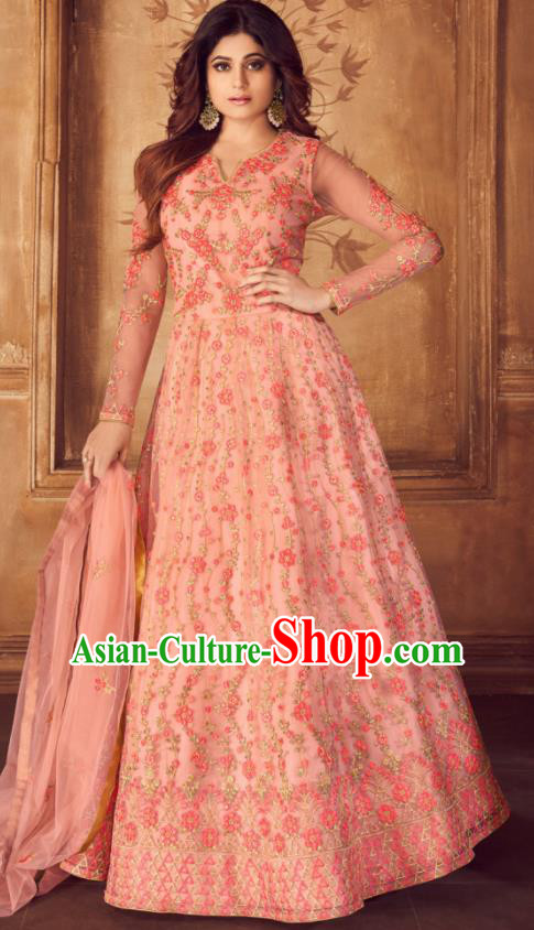 Indian Traditional Court Embroidered Pink Anarkali Dress Asian India National Festival Costumes for Women